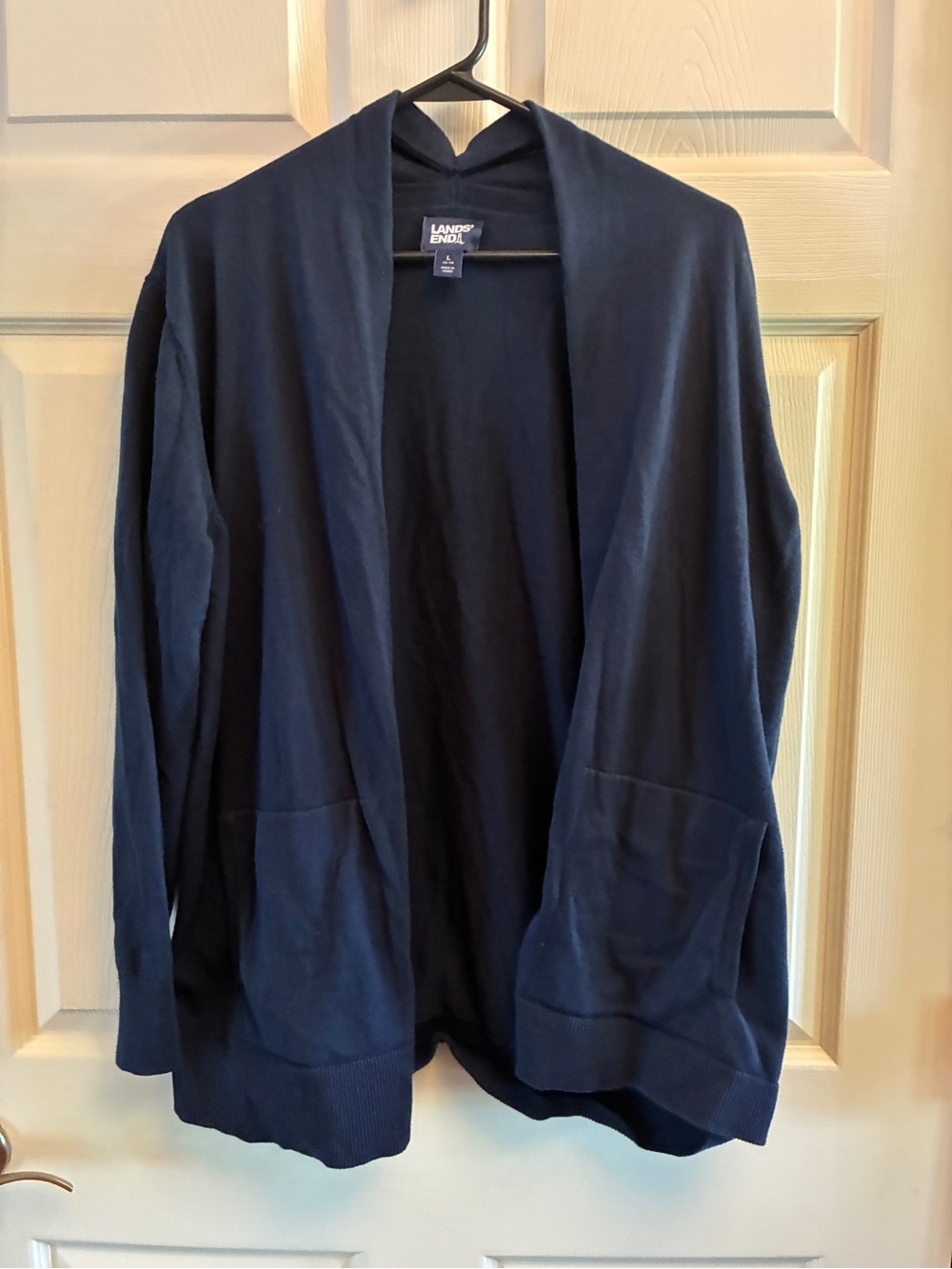 Lands’ End Navy Open Front Cardigan Sweater Women’s Large Classic Layering Piece